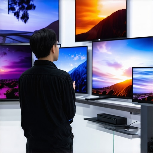 Customer comparing TVs in an electronics store, evaluating picture quality