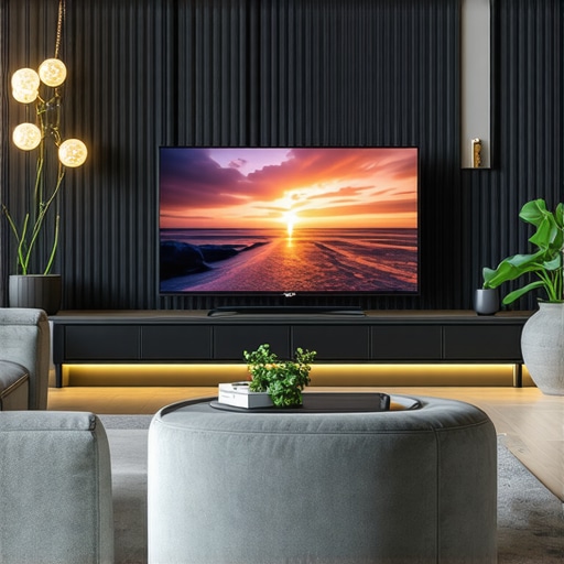 A living room with a large OLED TV showing HDR movie, ambient lighting enhances contrast