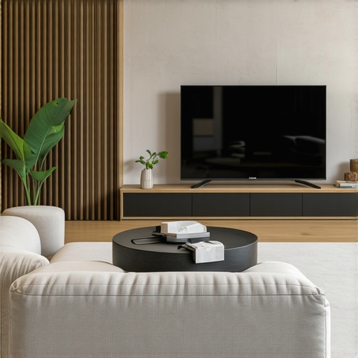 Modern living room with OLED and LED TVs displaying vibrant images