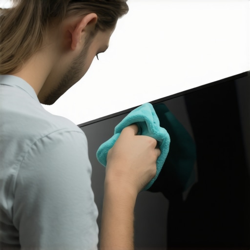 TV Maintenance Tools and Routine Person using microfiber cloth to clean TV screen, illustrating proper maintenance