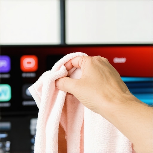 Person gently cleaning their OLED TV with a microfiber cloth in a bright, modern living room.