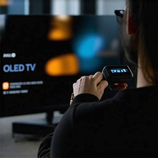 Person adjusting TV settings with calibration tools to improve picture quality