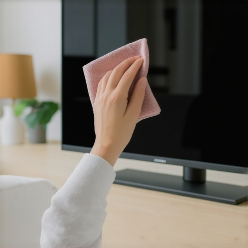 Person cleaning OLED TV screen with microfiber cloth to maintain clarity and brightness