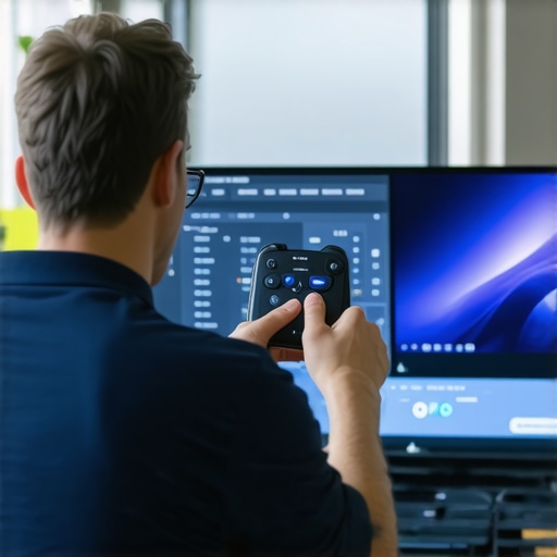 A technician calibrating an OLED television with specialized tools in a sleek living room