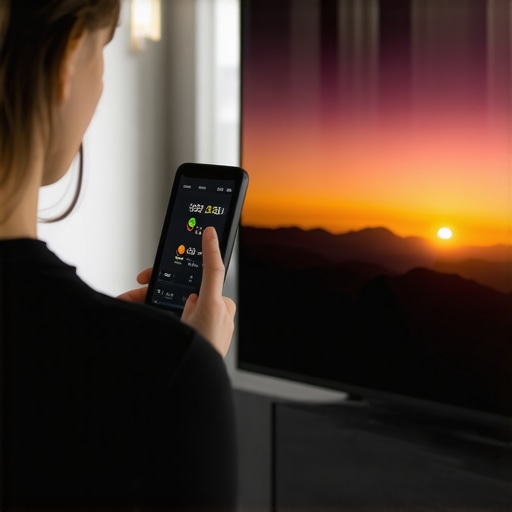 Person using colorimeter device to calibrate OLED TV for optimal display quality.