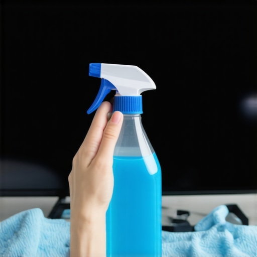 Person cleaning a flat-screen TV with microfiber cloth and cleaning spray.