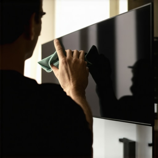 Person gently cleaning a sleek OLED TV screen with microfiber cloth in a cozy living room setting.