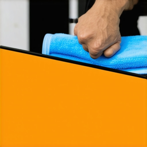 Maintaining Your OLED TV for Longevity Person cleaning a modern OLED TV screen with a microfiber cloth, showcasing proper maintenance techniques.