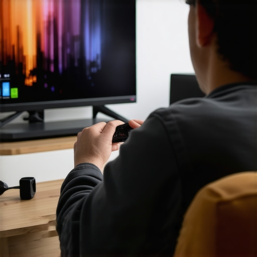 Person using calibration equipment to optimize OLED TV display settings.