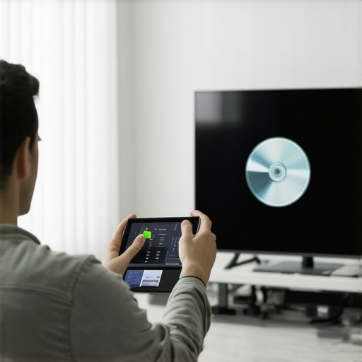 Person calibrating a TV display with a calibration disc and cleaning tools in a cozy living room.