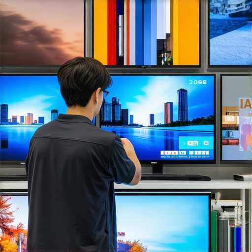Person examining several 2026 TV screens in a retail store.