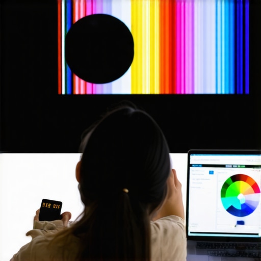 Person calibrating OLED TV with calibration tool and software.