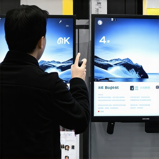 User comparing two budget 4K TVs in store with specs displayed