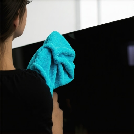 Person gently dusting a flat-screen TV with a microfiber cloth, showcasing maintenance practices.