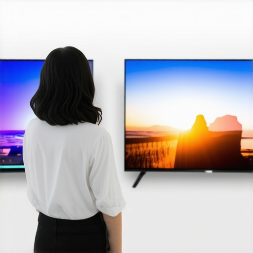 Person examining multiple 4K TVs in a store, with price tags and specs