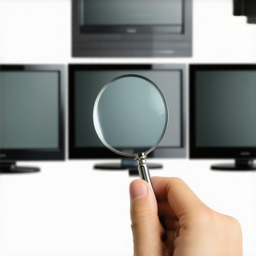 Person examining TV specifications closely with magnifying glass.