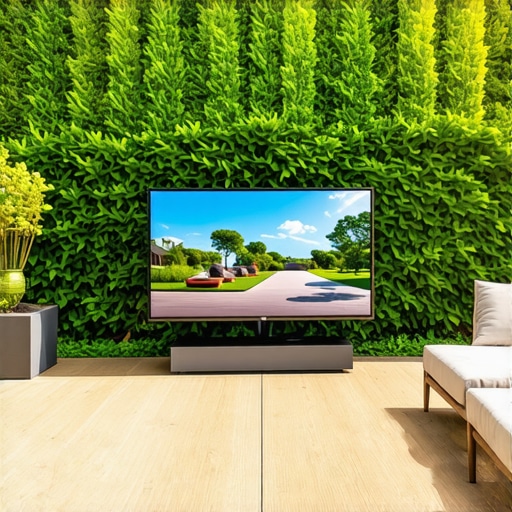 A weather-resistant outdoor 4K TV mounted on a patio, displaying a vibrant movie scene on a sunny day.