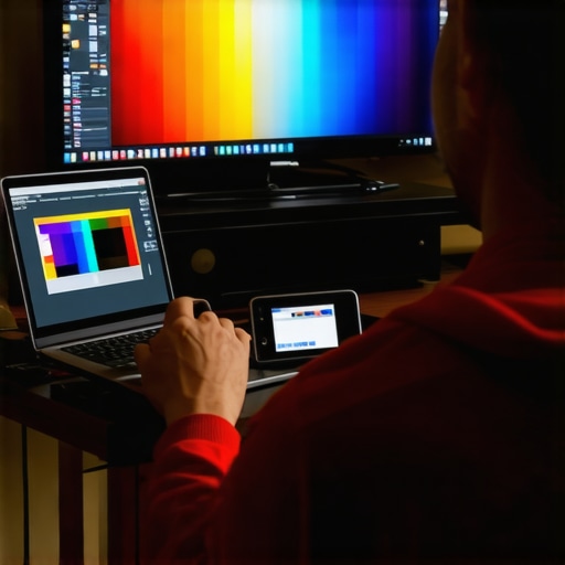 Person using color calibration tools on a modern flat-screen TV
